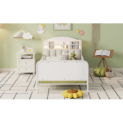 Metal Platform Bed Frame with Upholstered and Storage Shelves