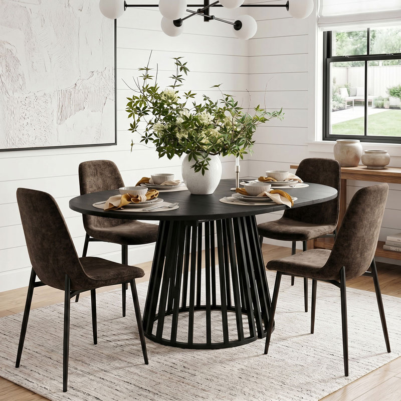 4- Person Dining Table Sets With Extendabe Oval Table & 4 Upholstered Chenille Dining Chairs, Brown