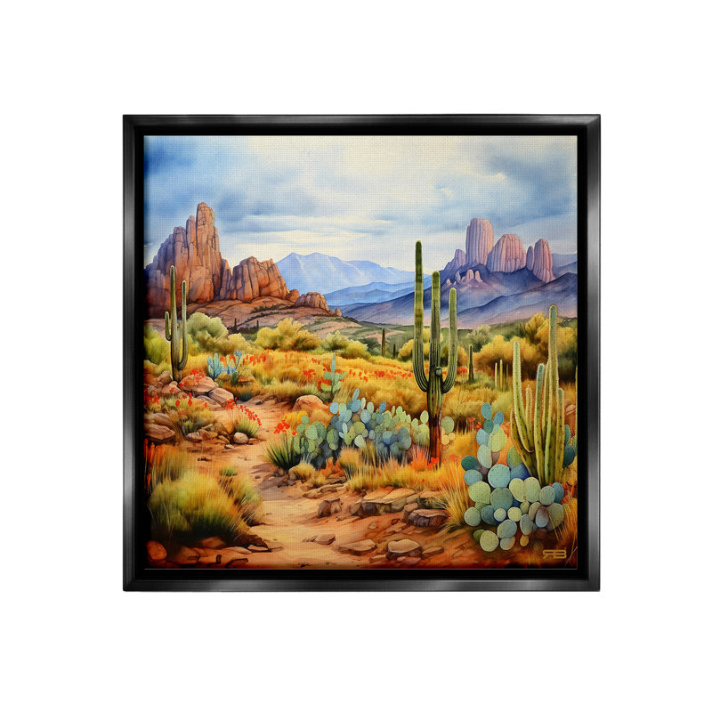 "Vast Desert Mesa" par RB sur toile, H 18 po x l 18 po, Cadre flottant noir de jais