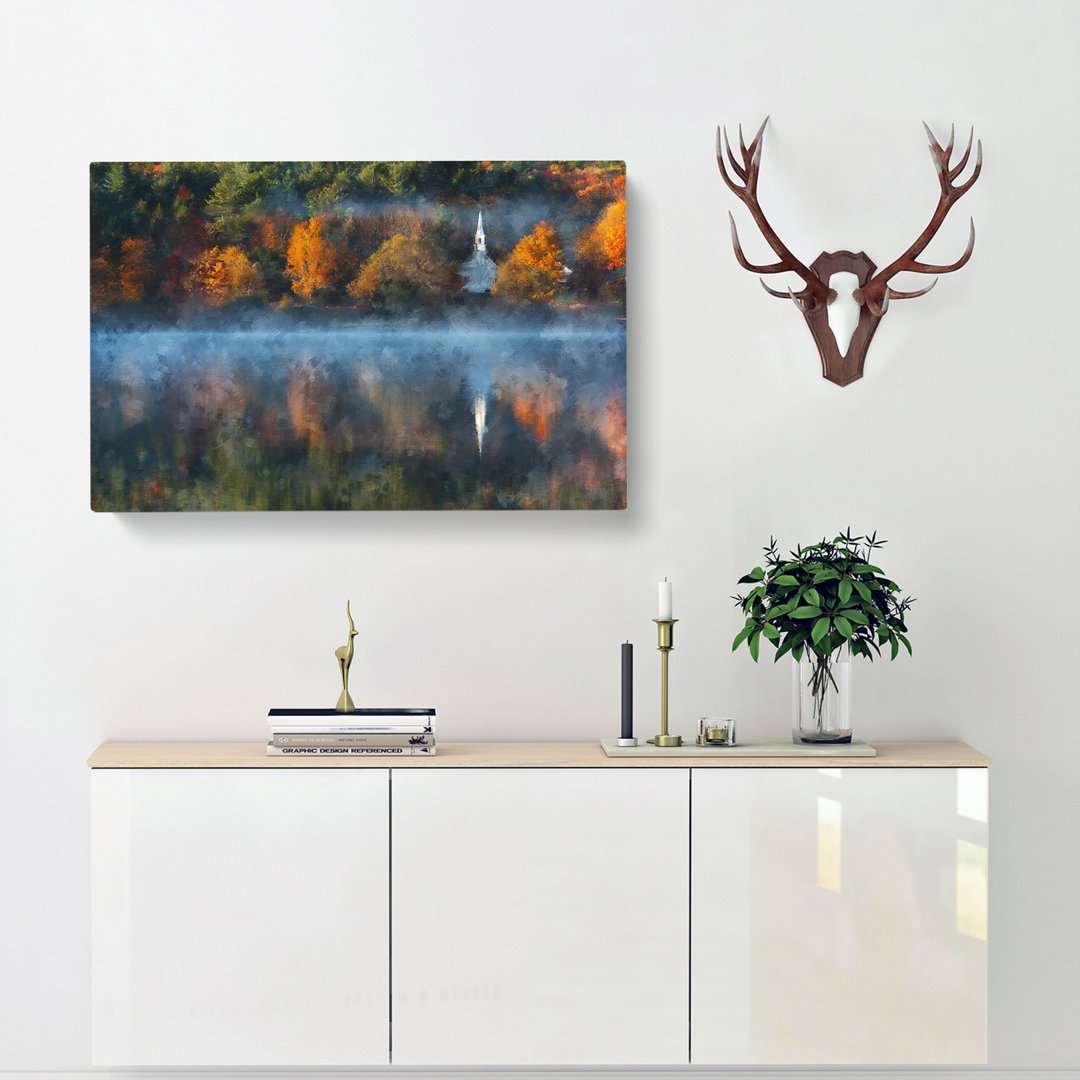 Church & Forest In The Lake Painting - Wrapped Canvas