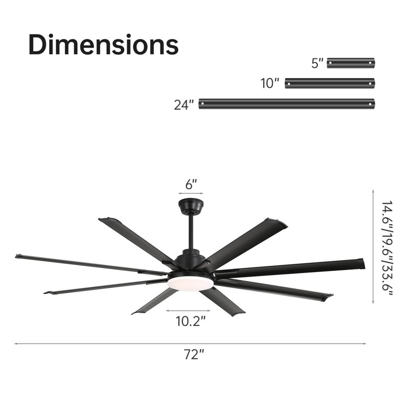 Brixham 8-Blade Standard Industrial LED Ceiling Fan with Remote and Intelligent Control and Voice Function, 72"