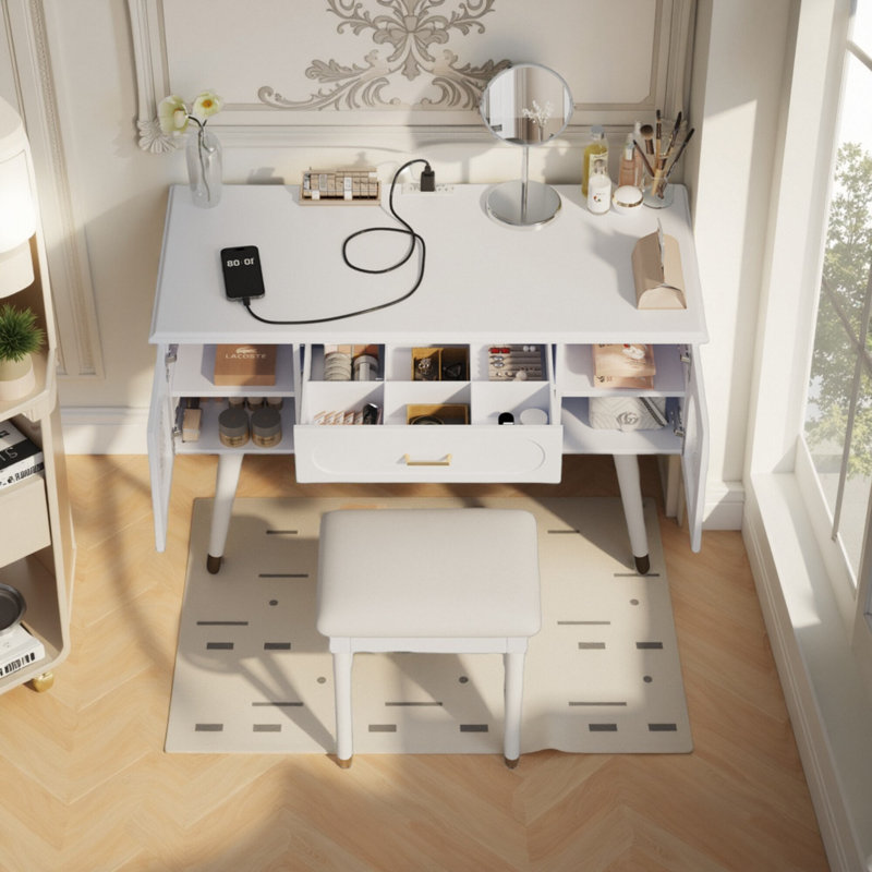 Modern Makeup Vanity Set with Charging Station - 3-Drawer Dressing Table with Carved Glass Cabinets, Writing Desk & Stool for Bedroom