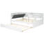 Lit plateforme en bois pleine grandeur blanc avec lit gigogne, tête de lit avec rangement et tablettes simples et élégantes