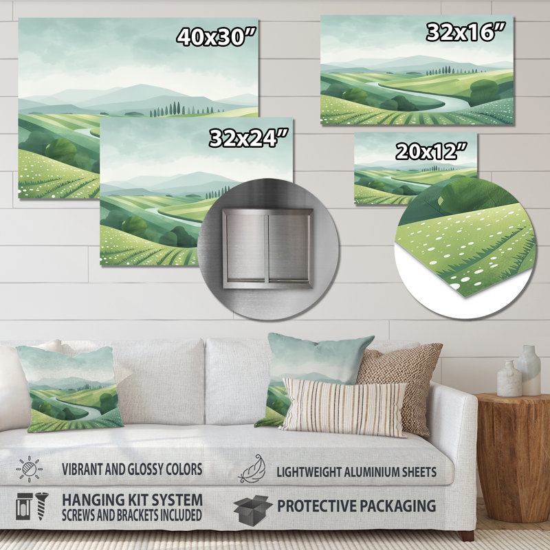 Green Grey Pond Meadows In Tuscany II - Farm Wall Decor, Sans cadre en métal, H 16 po x l 32 po x P 1 po