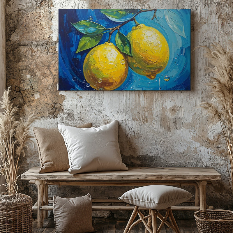 Art mural sur toile, branche de citron audacieuse, peinture à l'huile sur toile avec fond bleu tourbillonnant