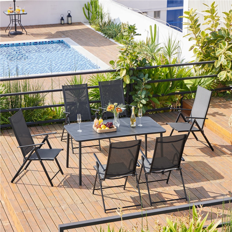 Set of 2 Outdoor Texteline Folding Dining Chairs with 8 Adjustable Back Positions, Dark Grey