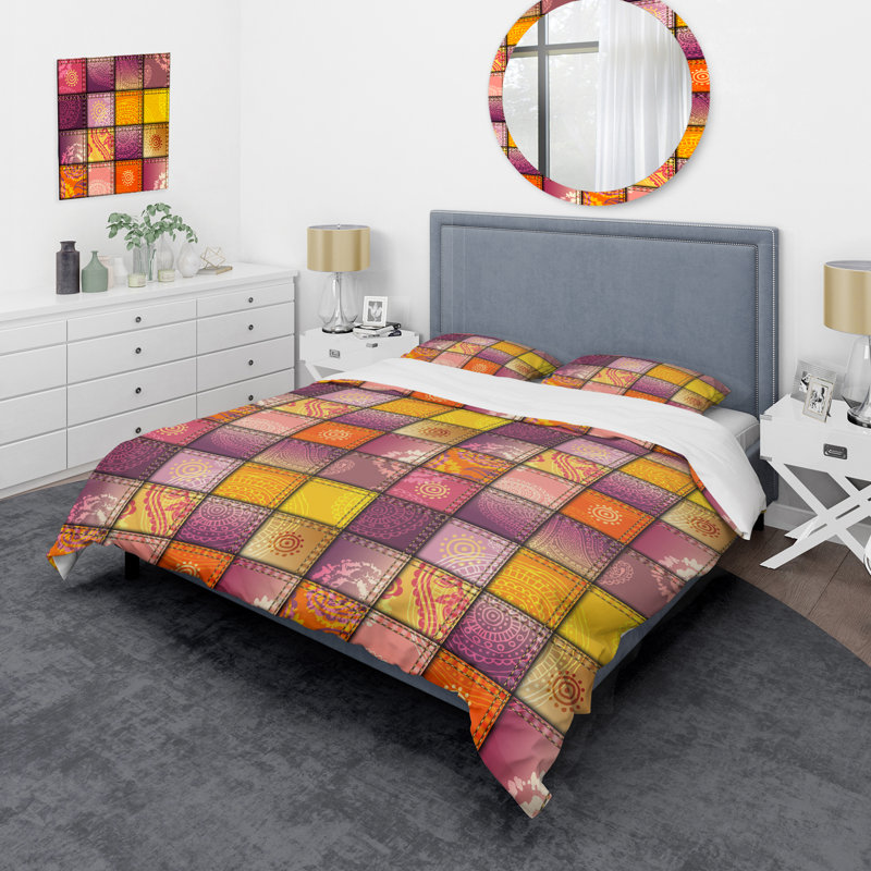 Orange Denim Patchwork Polyester Geometric Shapes Duvet Cover, Twin Duvet Cover + 1 Standard Sham