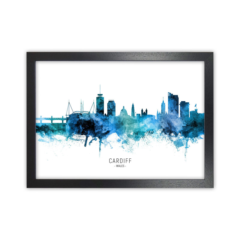 Cardiff Wales Skyline Blue City Name by Michael Tompsett - Print, 25cm H x 34cm W x 3cm D, Black Framed