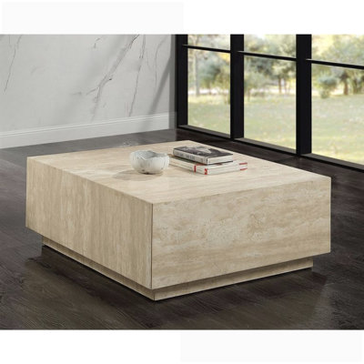Table basse carrée à dessus fixe en travertin beige, capacité de 70 lb
