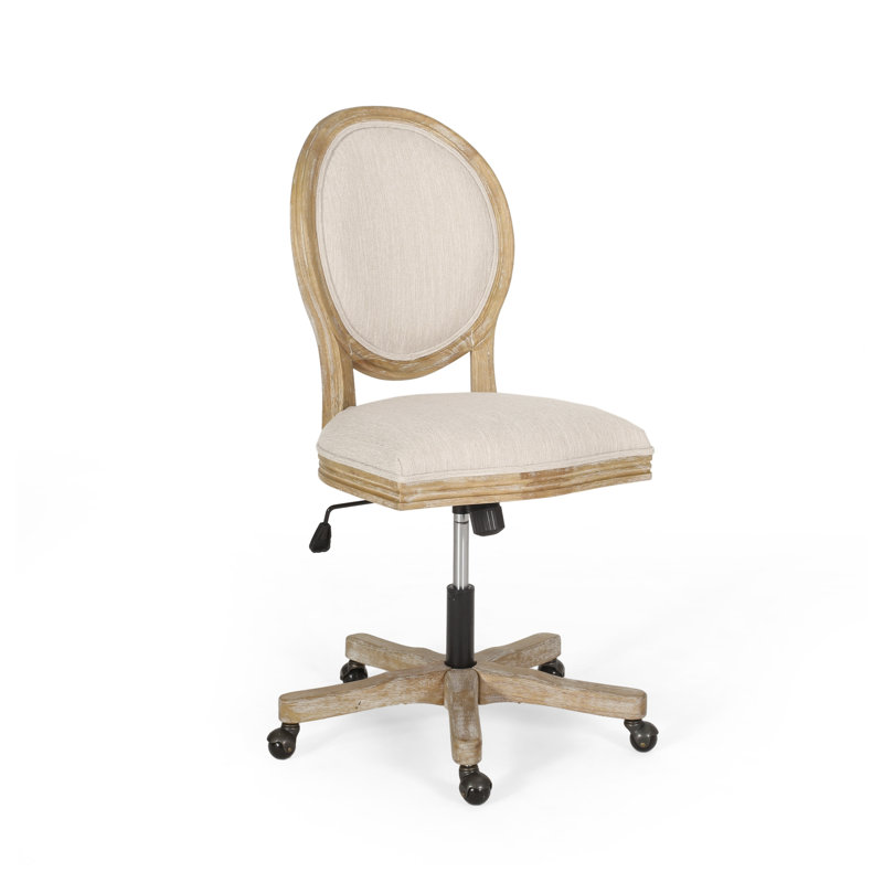 French Country Inspired Swivel Office Chair with Distressed Wood Frame in Beige