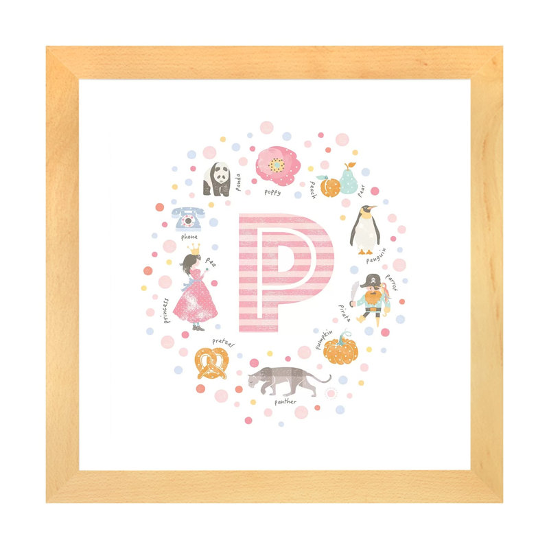 Lettre illustrée P rose - impression, Papier avec cadre beige, Blanc, H 24 po x l 24 po x p 1 po
