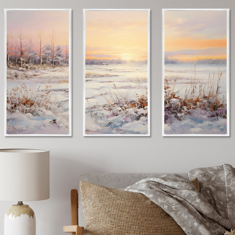 Hiver neige lever de soleil au bord du lac - ensemble de salon d'art mural neige, H 40 po x l 60 po x P 1 po