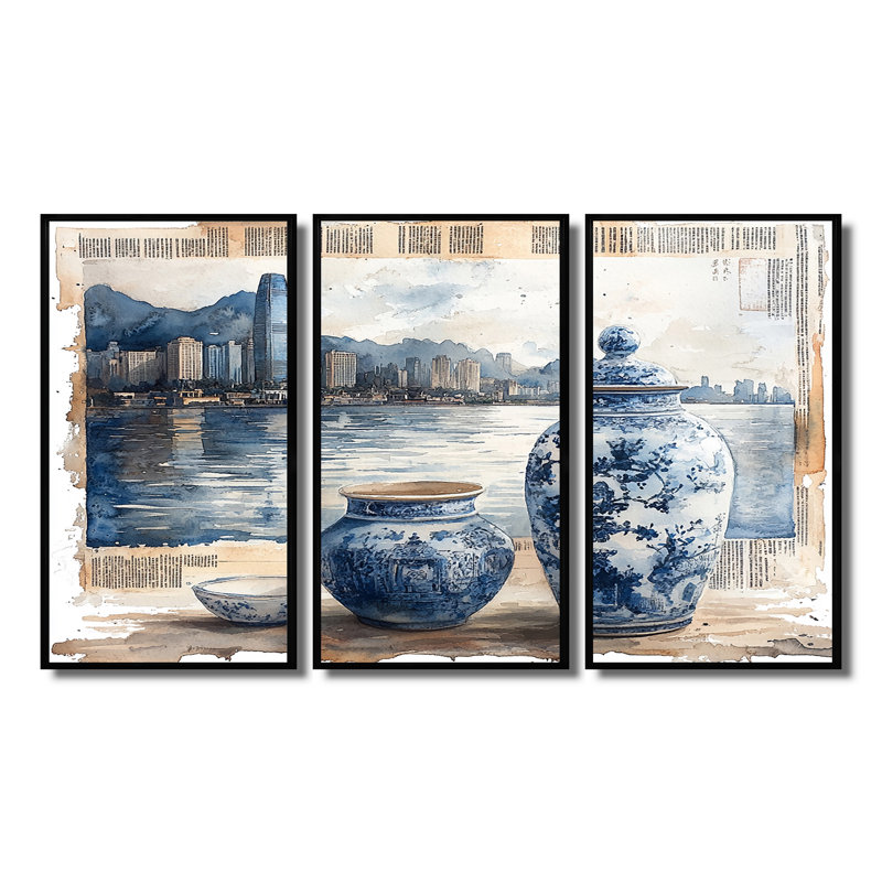 Ensemble de salon de poterie chinoiserie en tons de bleu et blanc I - Boho Pottery, Toile avec cadre flottant noir