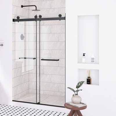 44-48 "W X 74" H Frameless Double Sliding Shower Door In Matte Black｜ 5/16 "(8Mm) Tempered Glass｜ Waterproof｜Explosion Proof Film｜ Stainless Steel Handle｜Square Tube Track