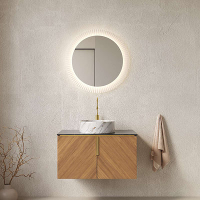 Meuble-lavabo de salle de bain 30 po, meuble de rangement mural en contreplaqué pour salle de bain avec comptoir en pierre frittée à double porte et lavabo rond en céramique à motif de pierre