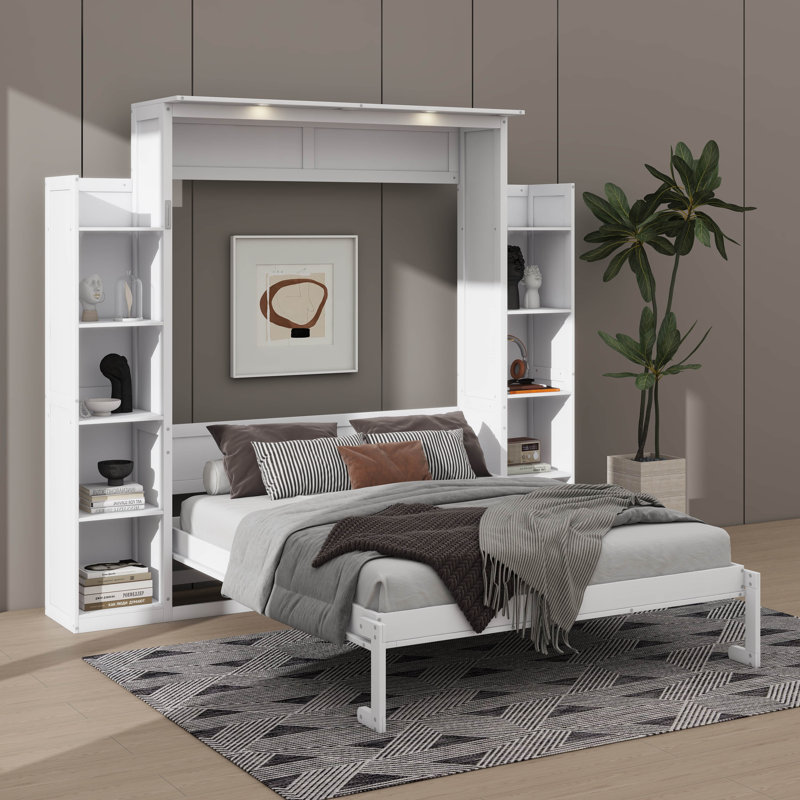 Lit escamotable double avec tablettes et éclairage DEL, Blanc