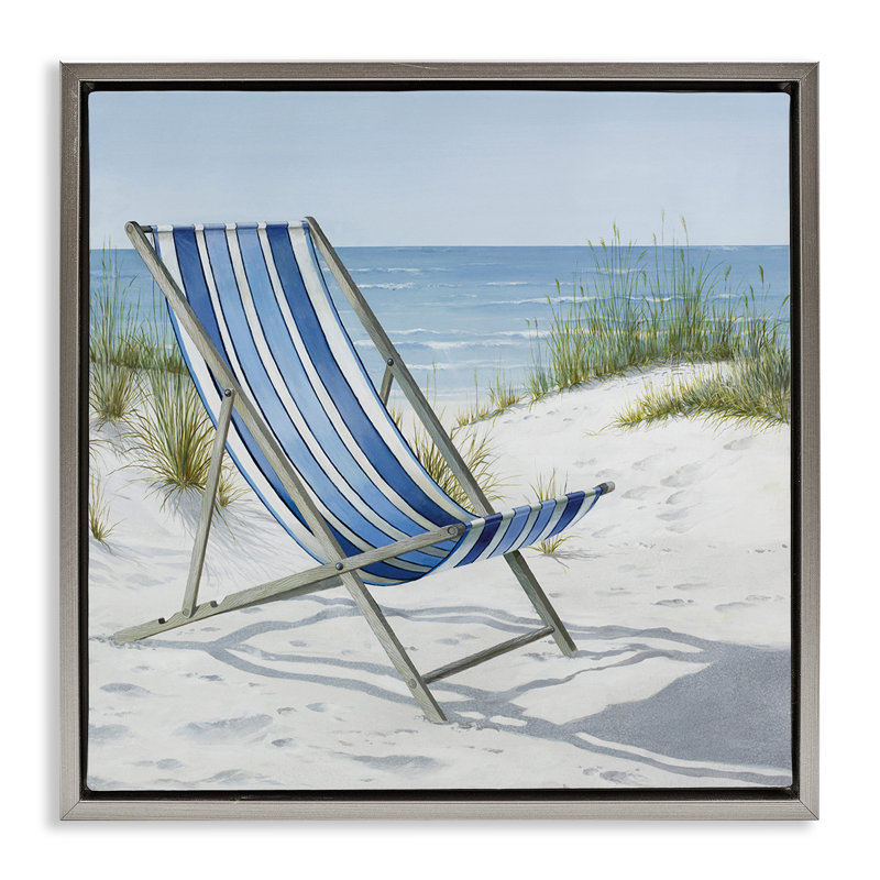 «Tranquil Beach Chair», art mural encadré sur toile flottante par Max Maxx, Cadre flottant gris lustré, H 18 po x l 18 po