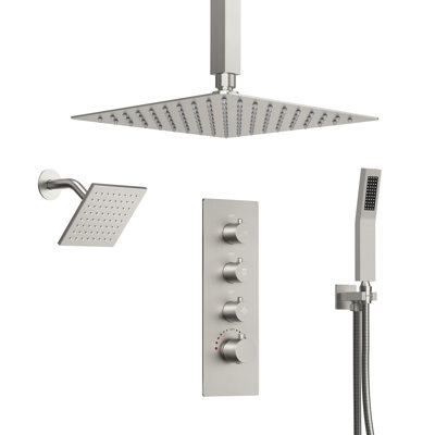 Thermostatic Shower Faucet System, Ceiling Mount High-Pressure Rainfall Dual Shower Head with Rough-In Valve