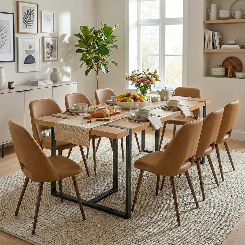 Mid-Century Upholstered Dining Chairs Set Of 8 With Metal Legs, Brown