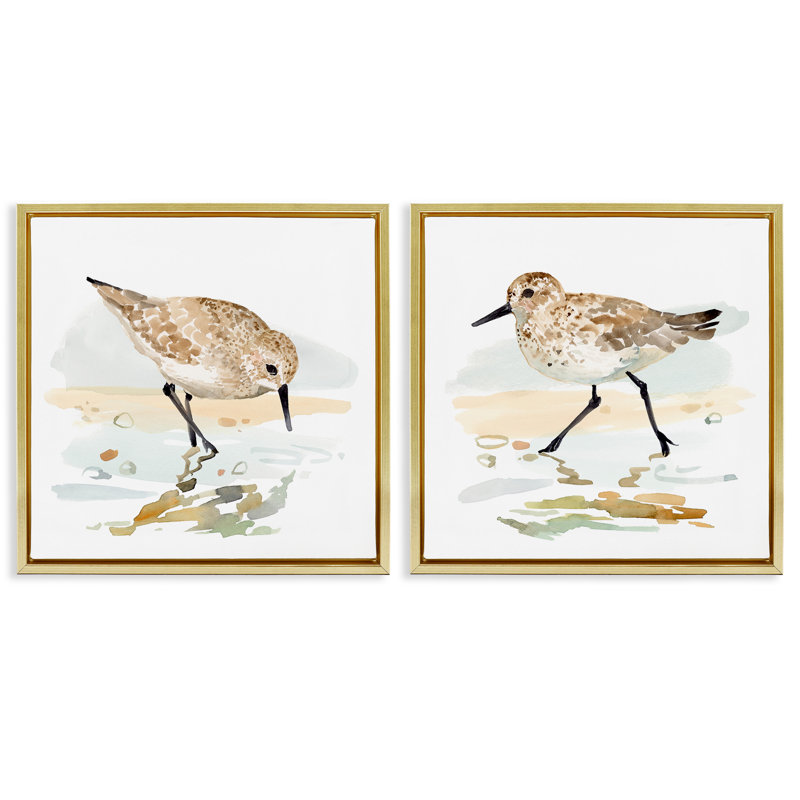 «Sea Birds on Shore», ensemble de 2 toiles flottantes encadrées par Victoria Barnes, Cadre flottant métallique doré