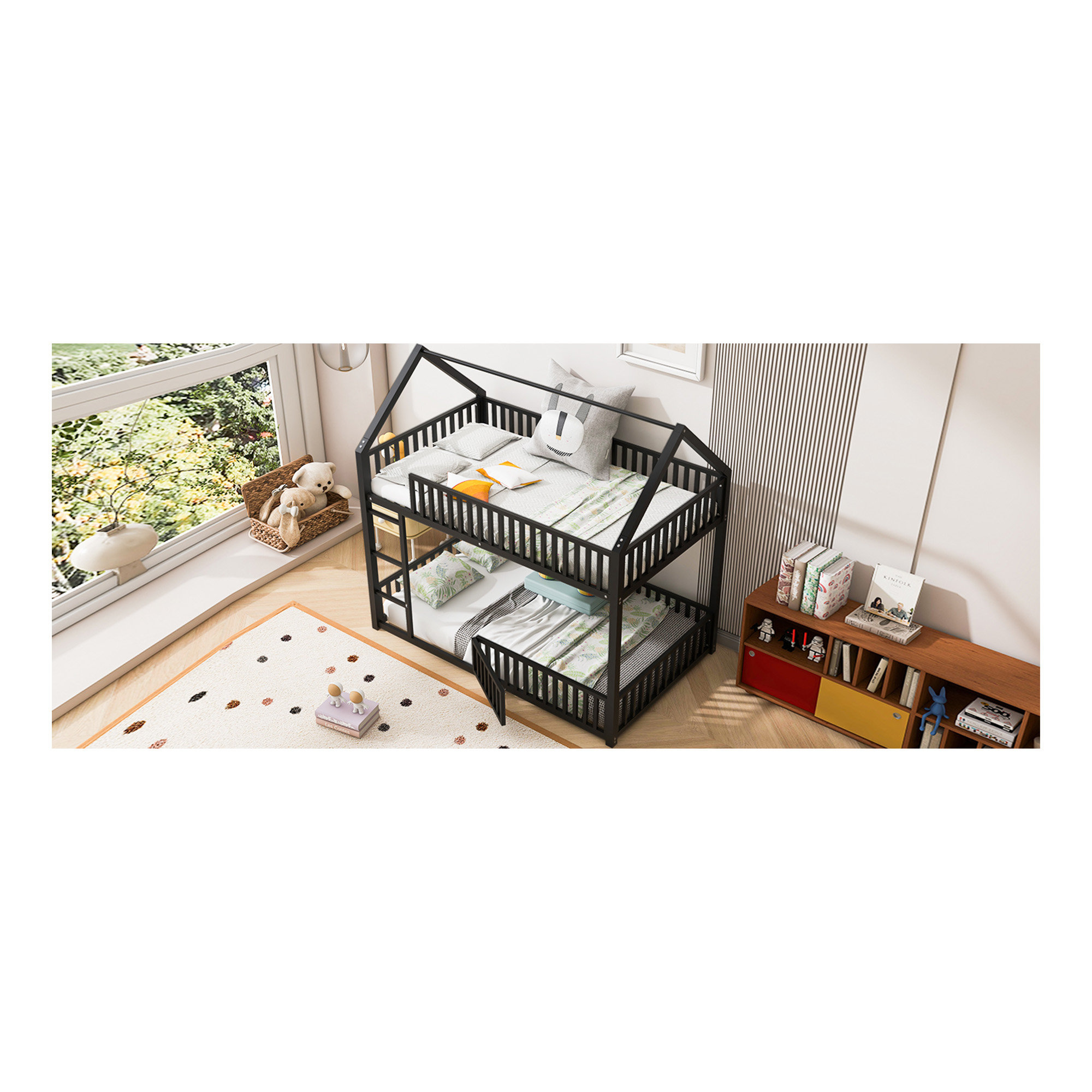 Harper Orchard Metal Twin Over Twin House Bunk Bed With Fence And Door ...