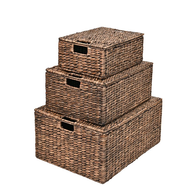 Bushman Classic Farmhouse Woven Hyacinth Rectangular Storage Baskets with Lids and Handles (Set of 3), Brown