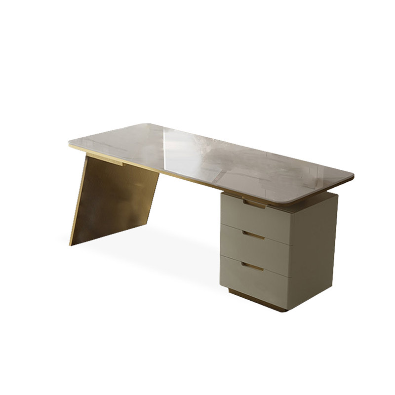 Rectangular Manufactured Wood with 3 drawers desk, 29.53" H x 55.12" W x 27.56" D, White/Gold