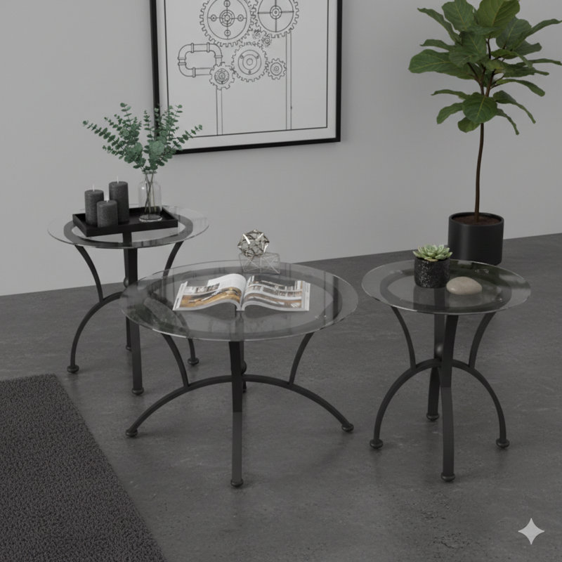 Ensemble de tables basses trois pièces avec surfaces en verre trempé, tables basses rondes décoratives et tables d'appoint robustes pour le salon (finition noire rustique)