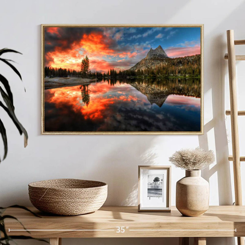 Coucher de soleil au parc Yosemite, Cadre flottant en bois naturel, 25 po x 17 po