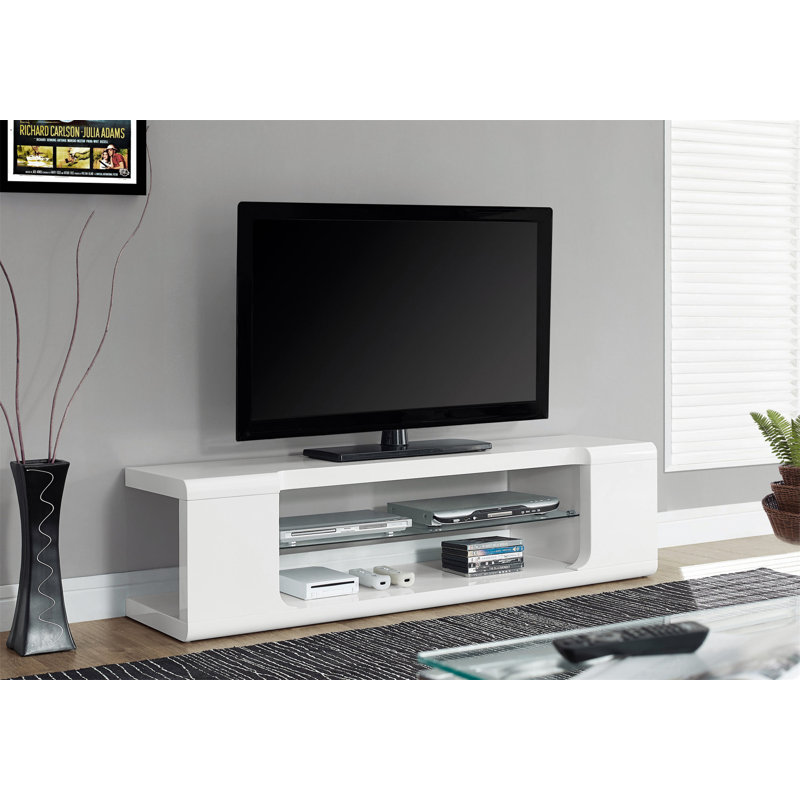 Meuble télé élégant en verre avec rangement ouvert et design épuré pour les maisons modernes, rehaussant l'élégance et la fonctionnalité