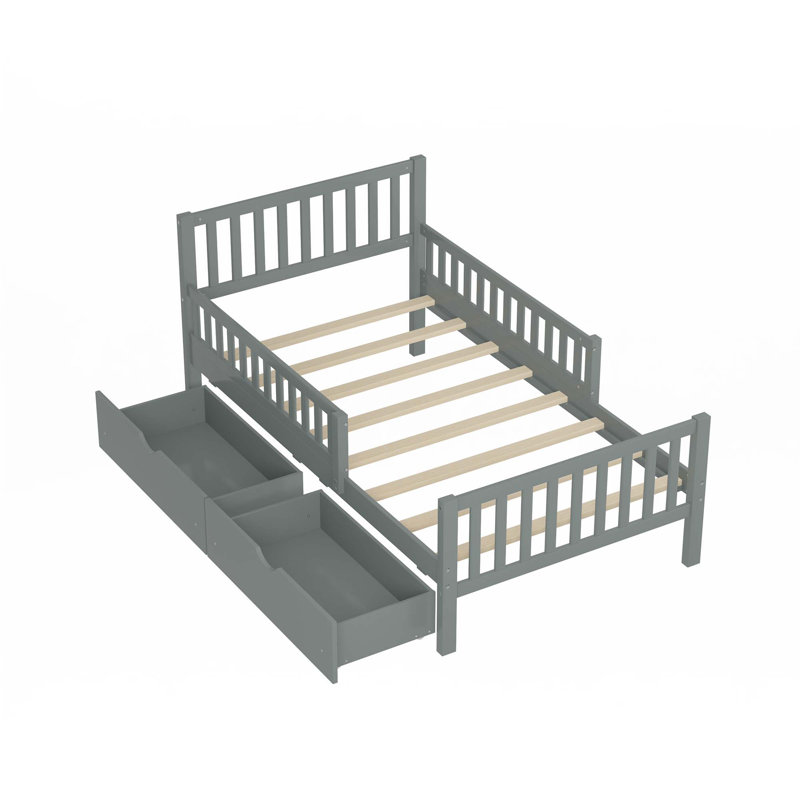 Lit plateforme en bois avec garde-corps des deux côtés et deux tiroirs de rangement, gris, Twin