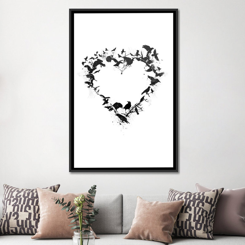 « oiseau cœur », impression sur toile tendue, H 60 po x l 40po x P 1,5 po, Toile avec cadre noir, Pas de tapis