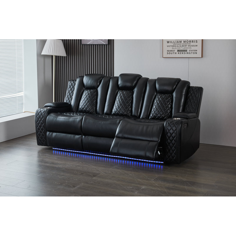 Canapé inclinable électrique moderne en similicuir avec table rabattable, lumières DEL, recharge sans fil, ports USB-C / USB, prise de courant et rangement dissimulé