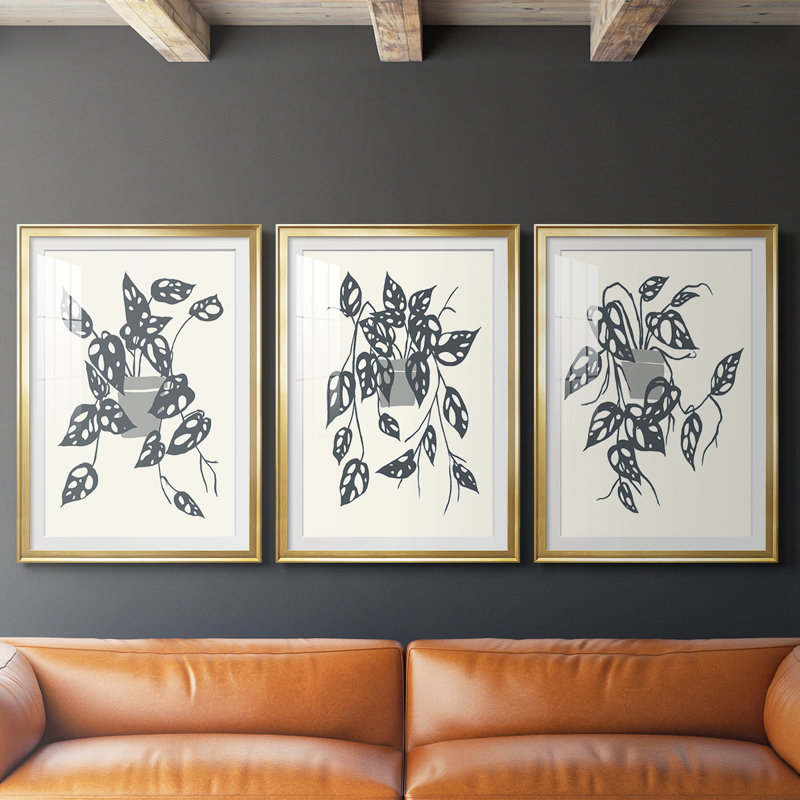 «Growing Leaves IV», impression encadrée sur mesure de qualité supérieure - 3 pièces, H 19 po x l 45 po, Doré