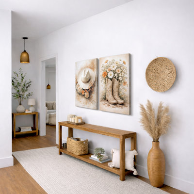 Beige Cowgirl Hat and Floral Boots Artwork, Rustic Farmhouse Bedroom Pictures, Framed Canvas Giclee Print 2 Pieces Wall Art