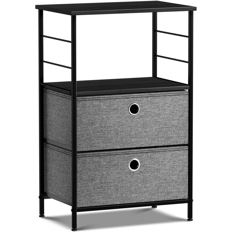 Haldun Sorbus 2 Drawers and Shelves Nightstand with Steel Frame, Wood Top & Fabric Bins, Black, Black
