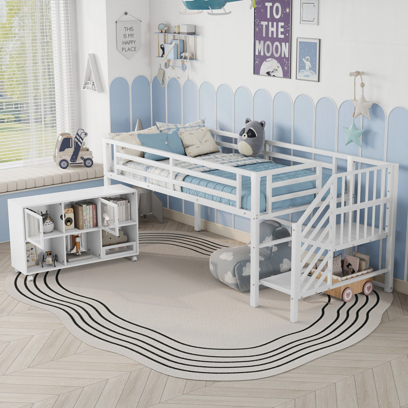 Lit mezzanine en métal avec casier de rangement, Blanc