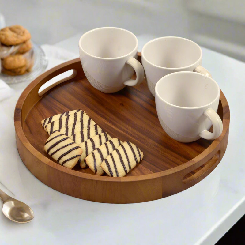 Acacia Wood 15 Inch Round Serving Tray with Handles