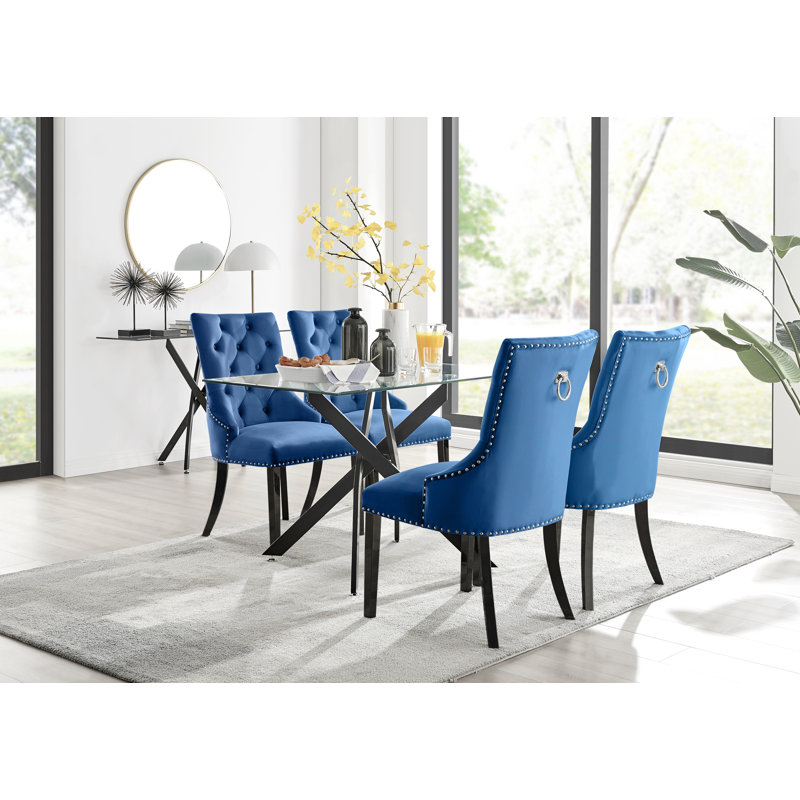 Lenworth Modern Black Metal and Glass Dining Table Set with 4 Velvet Upholstered Dining Chairs, Blue/Black