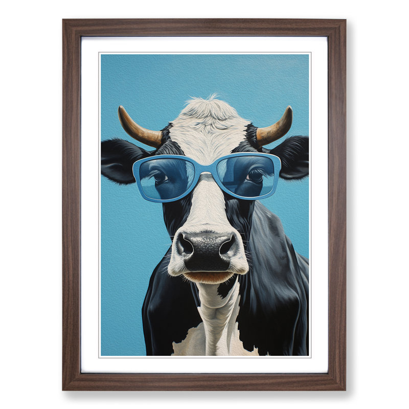 Cow With Glasses No.2 - Single Picture Frame Print on Wood, 34cm H x 25cm W x 2cm D, Walnut