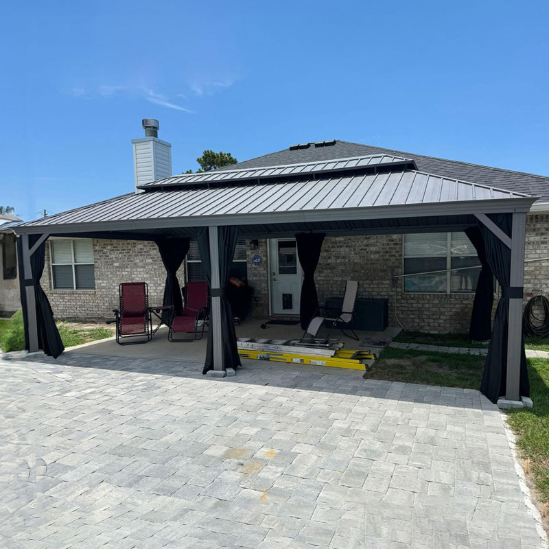 Pavillon de jardin extérieur en aluminium 12 pi x 24 pi à toit rigide mauve avec toit en acier galvanisé double pour terrasse et rideau de pavillon extérieur toutes saisons inclus, gris clair