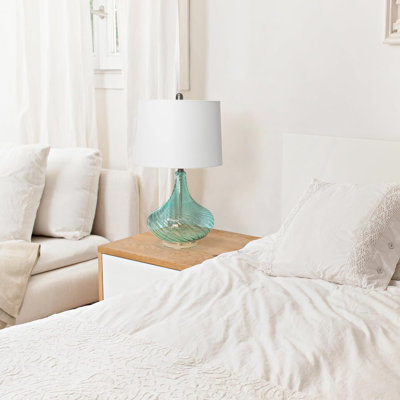  Glass Table Lamp with Fabric Shade, Light Blue