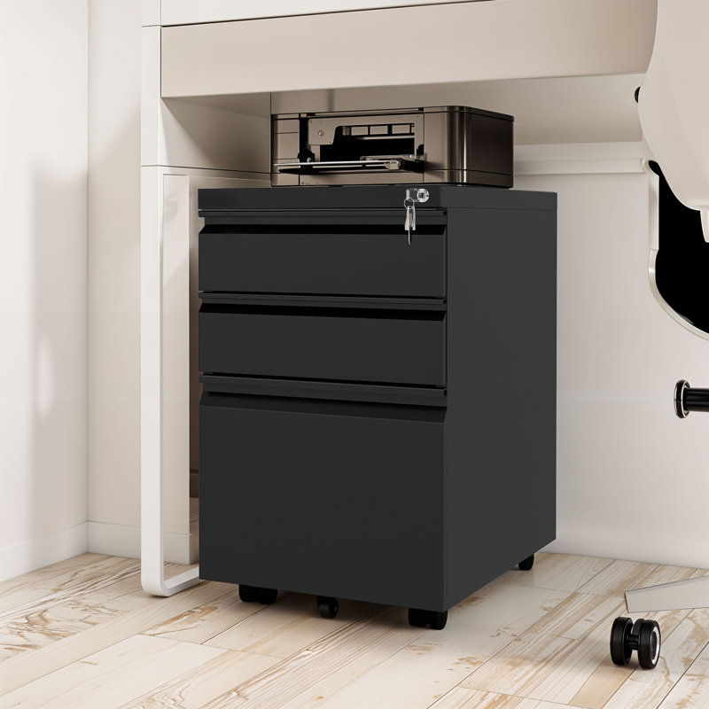 Classeur mobile en acier 3 tiroirs avec serrure pour bureau personnel, Noir