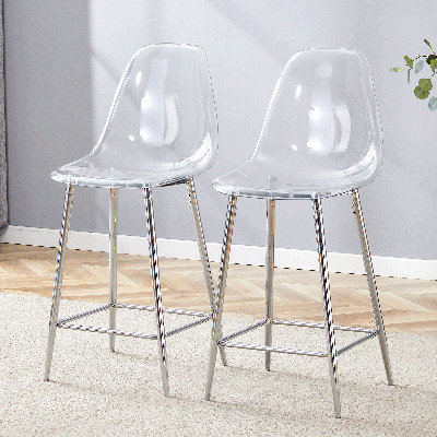 Ensemble de 2 tabourets de bar modernes en plastique transparent minimaliste avec pieds en métal argenté, dossier et repose-pieds intégrés pour bar et îlot de cuisine - argent + transparent + métal + plastique + ensemble de 2