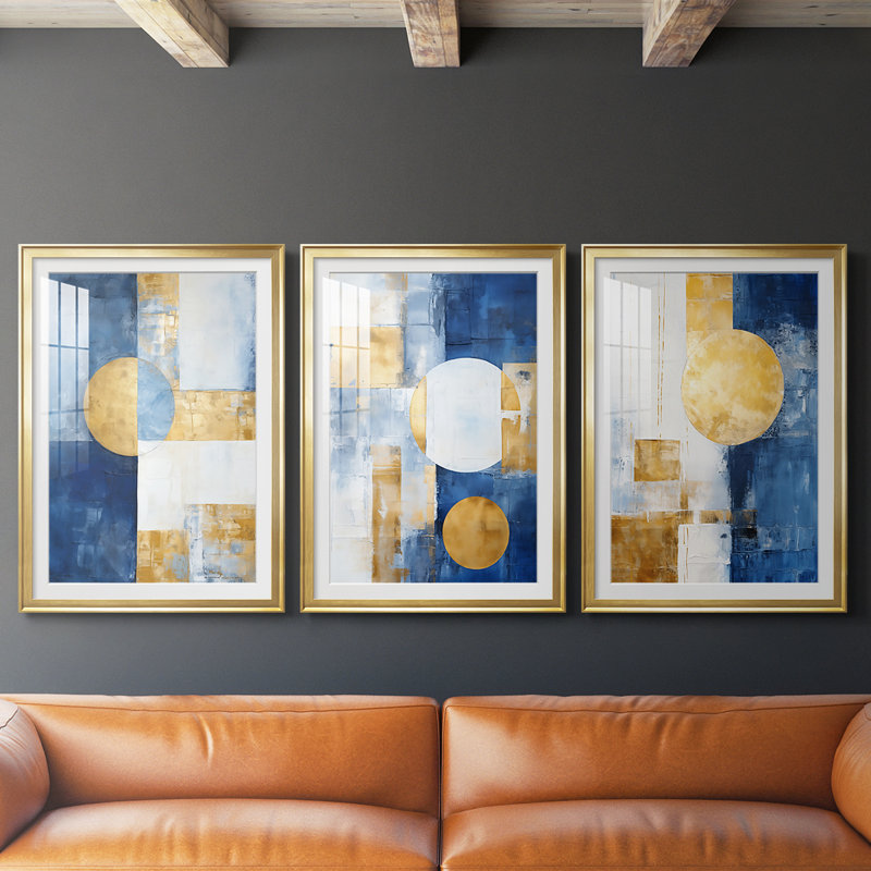 ABSTRACT Series Dxxxi - Impression encadrée sur mesure de qualité supérieure - 3 pièces, H 30 po x l 63 po, Doré