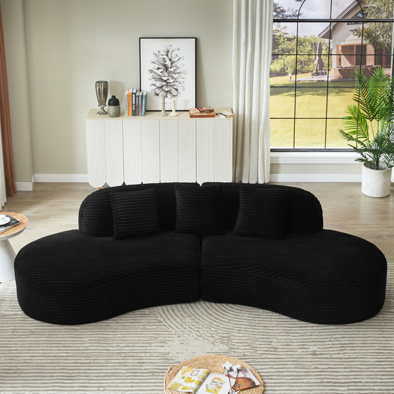 Comfort - Laden 4 Seat Black Corduroy Compressed Upholstered Curved Sectional , Spring Packed, No Assembly, Ideal For Living Spaces Versatile Filled Support, Adds Sophistication To Rooms