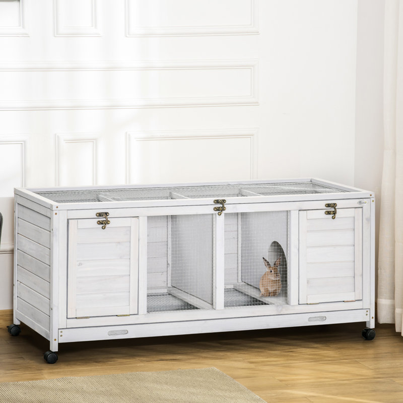Bois avec plateau anti-fuites et conception mobile, gris pour 1 à 2 lapins, toit ouvrable