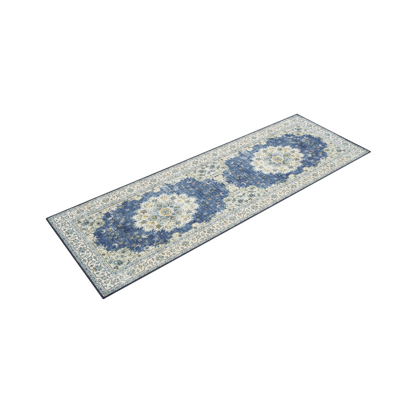 Boho Farmhouse Washable Area Rug - Large Neutral Floral Vintage Non-Slip Carpet for Living Room, Bedroom, Nursery, Playroom & Office, 2'x6', Blue