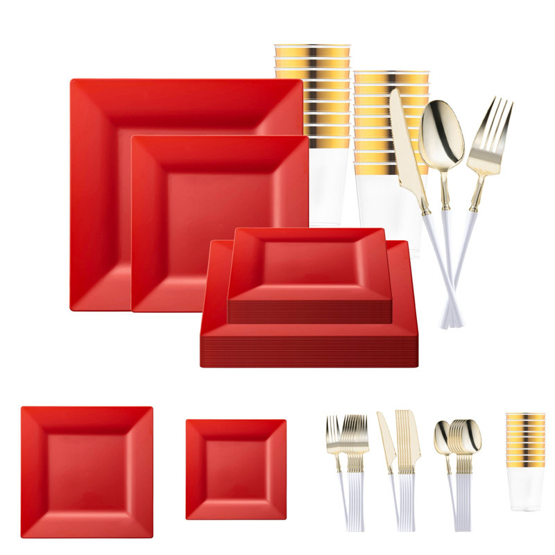 Ensemble de vaisselle jetable en plastique Red Square - 60 couverts