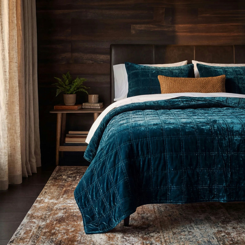 Stella Faux Silk Double Box Stitch Classic Chic Casual Modern Rustic Quilt Set, King Quilt + 2 King Pillowcases, Teal
